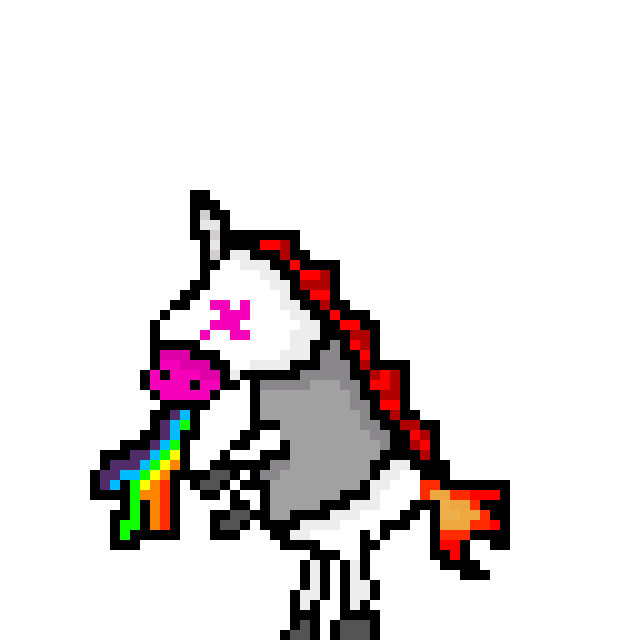 The playable character for the game. Pixel art of a cartoon unicorn vomiting a rainbow.